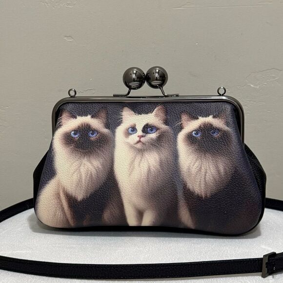 Unique Cats Print Pebble Cowhide Handmade Large Ball Kisslock Handbag, Multi Use - Picture 1 of 16